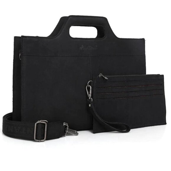 MONTANA WEST Black Genuine Leather Laptop Case Tote & Wristlet Set NWT - Picture 1 of 9